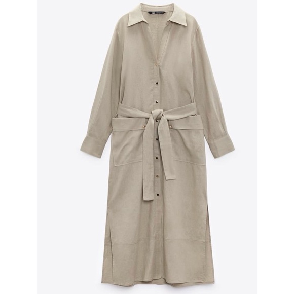 NWT Zara Linen Blend Long Sleeve Gold Buttondown Shirt Khaki Tan Midi Dress M - Picture 13 of 14